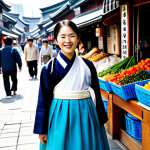 **

A professional woman in a modest, colorful Hanbok (traditional Korean dress), standing in a bustling Seoul street market, surrounded by vendors and vibrant stalls. She is smiling gently. The background shows traditional Korean architecture blended with modern buildings. Perfect anatomy, correct proportions, well-formed hands, proper finger count, natural body proportions, fully clothed, appropriate attire, safe for work, professional, family-friendly.

**