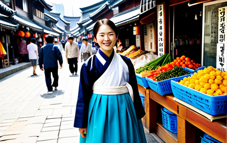 **

A professional woman in a modest, colorful Hanbok (traditional Korean dress), standing in a bustling Seoul street market, surrounded by vendors and vibrant stalls. She is smiling gently. The background shows traditional Korean architecture blended with modern buildings. Perfect anatomy, correct proportions, well-formed hands, proper finger count, natural body proportions, fully clothed, appropriate attire, safe for work, professional, family-friendly.

**