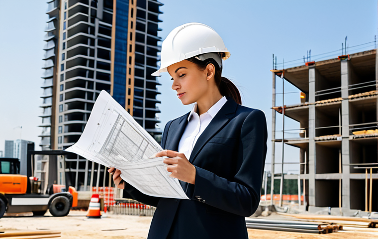 부동산 규제 정책 - A professional female architect in a modest business outfit, reviewing blueprints on a construction ...