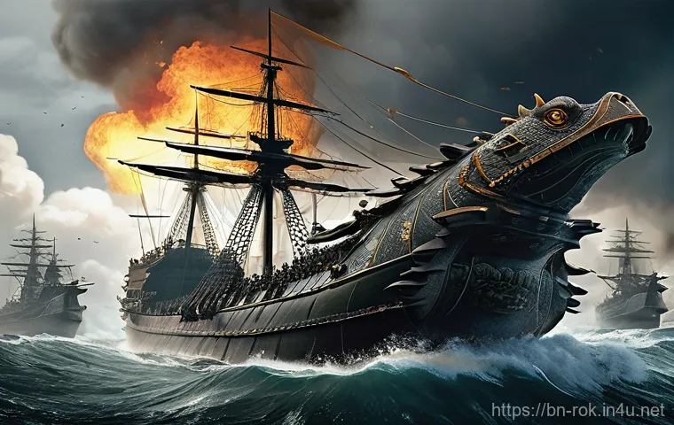 이순신 장군 해전 승리 - **Prompt 1: The Ironclad Turtle Ship (Geobukseon) in Battle**
    "A highly detailed, majestic Korea...