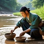 조선 도자기 제작 과정 - **Prompt 1: The Clay Gatherer's Serene Quest**
    "A wide-angle shot of a male Joseon-era artisan, ...