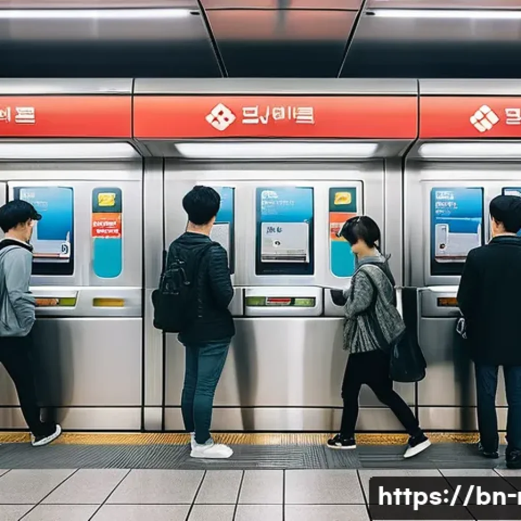 대한민국 방문 팁 - A bustling Seoul metro station scene with diverse passengers using T-money cards at clean, modern tu...
