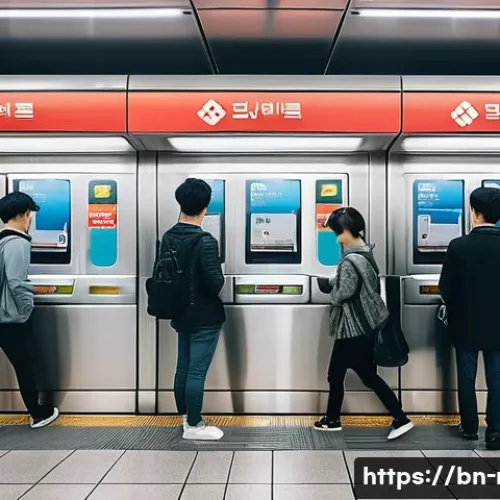 대한민국 방문 팁 - A bustling Seoul metro station scene with diverse passengers using T-money cards at clean, modern tu...