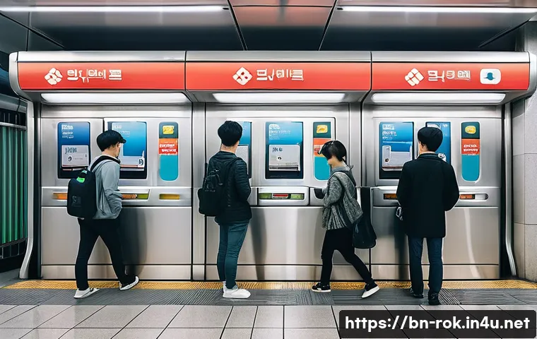 대한민국 방문 팁 - A bustling Seoul metro station scene with diverse passengers using T-money cards at clean, modern tu...