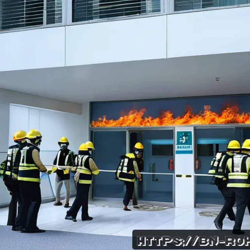 한국 역사 속 대형 화재 - A detailed scene of a modern Korean office building's emergency evacuation drill, showing diverse em...