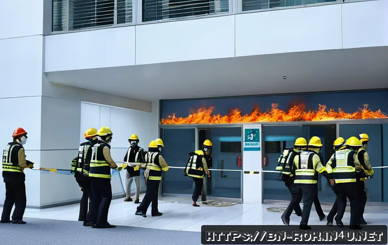 한국 역사 속 대형 화재 - A detailed scene of a modern Korean office building's emergency evacuation drill, showing diverse em...