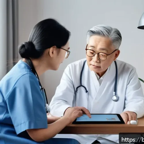 한국의 고령화 사회 - An elderly Korean man and woman sitting comfortably at home, using a digital health monitoring syste...