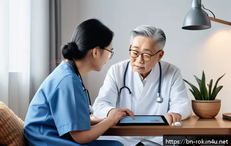 한국의 고령화 사회 - An elderly Korean man and woman sitting comfortably at home, using a digital health monitoring syste...